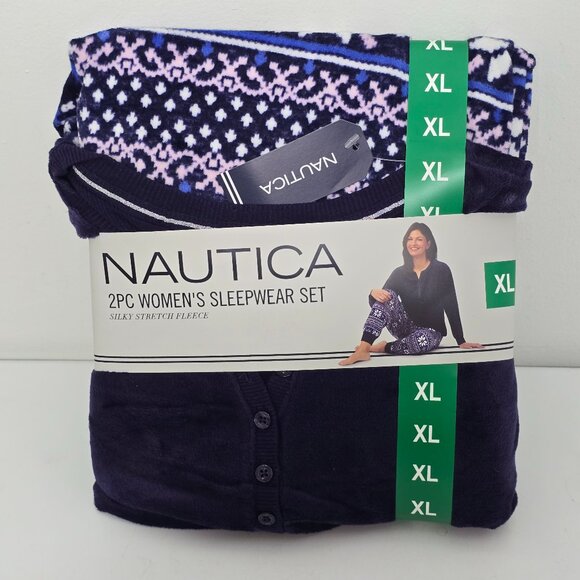 Nautica Women 2-Piece Silky Stretch Fleece Pajama Sleepwear Set XL Navy NEW - Picture 1 of 9